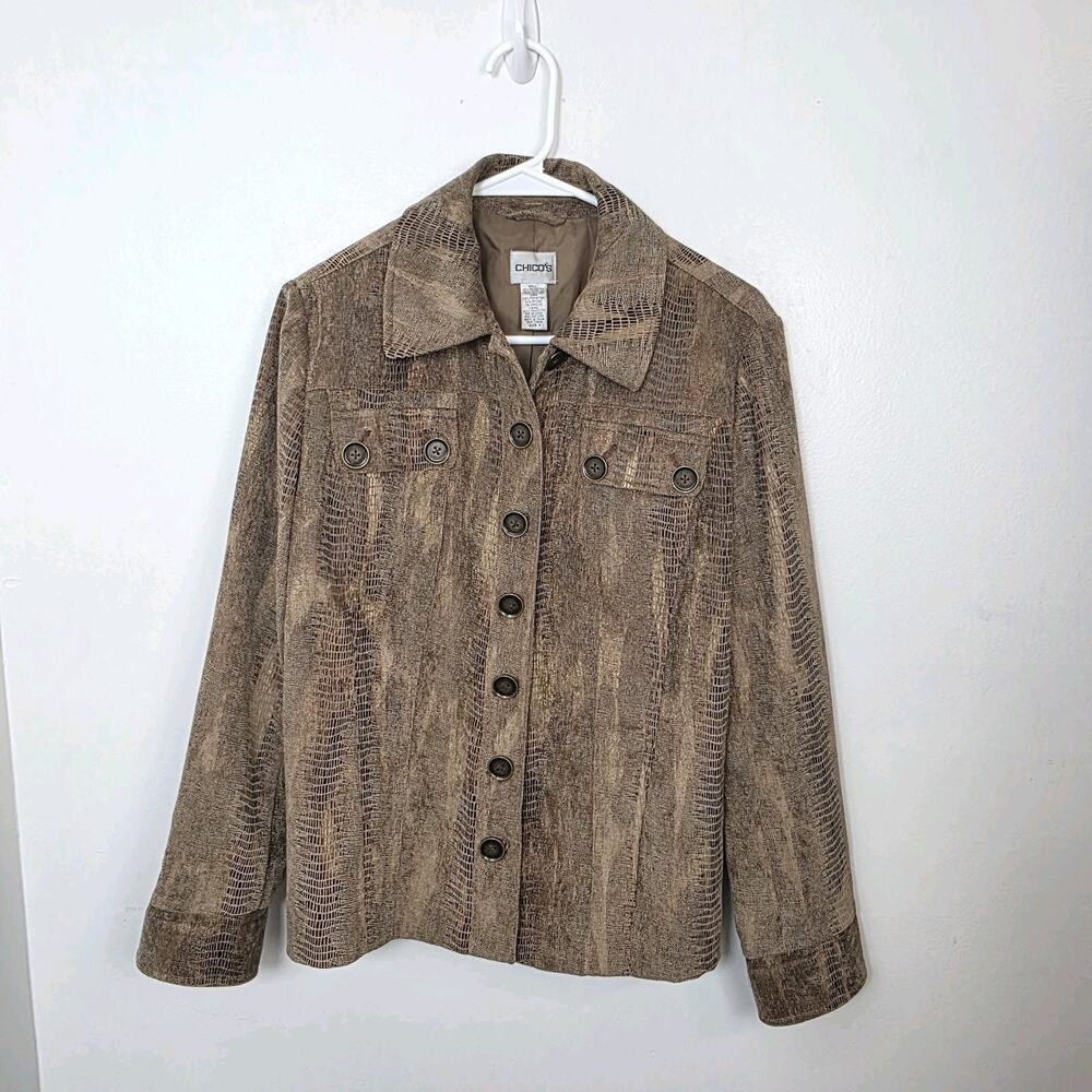 Chico's Brown Textured‎ Snakeskin Western Button Up Going Out Jacket Size 8
